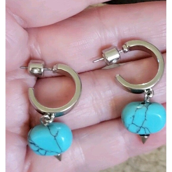 Signed GEN Faux Turquoise Silver Tone Spike Dangle Hoop Earrings - Picture 3 of 5